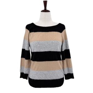 Kenar Womens XL Angora Blend‎ Striped Boat Neck Back Zip Sweater Black Tan Grey